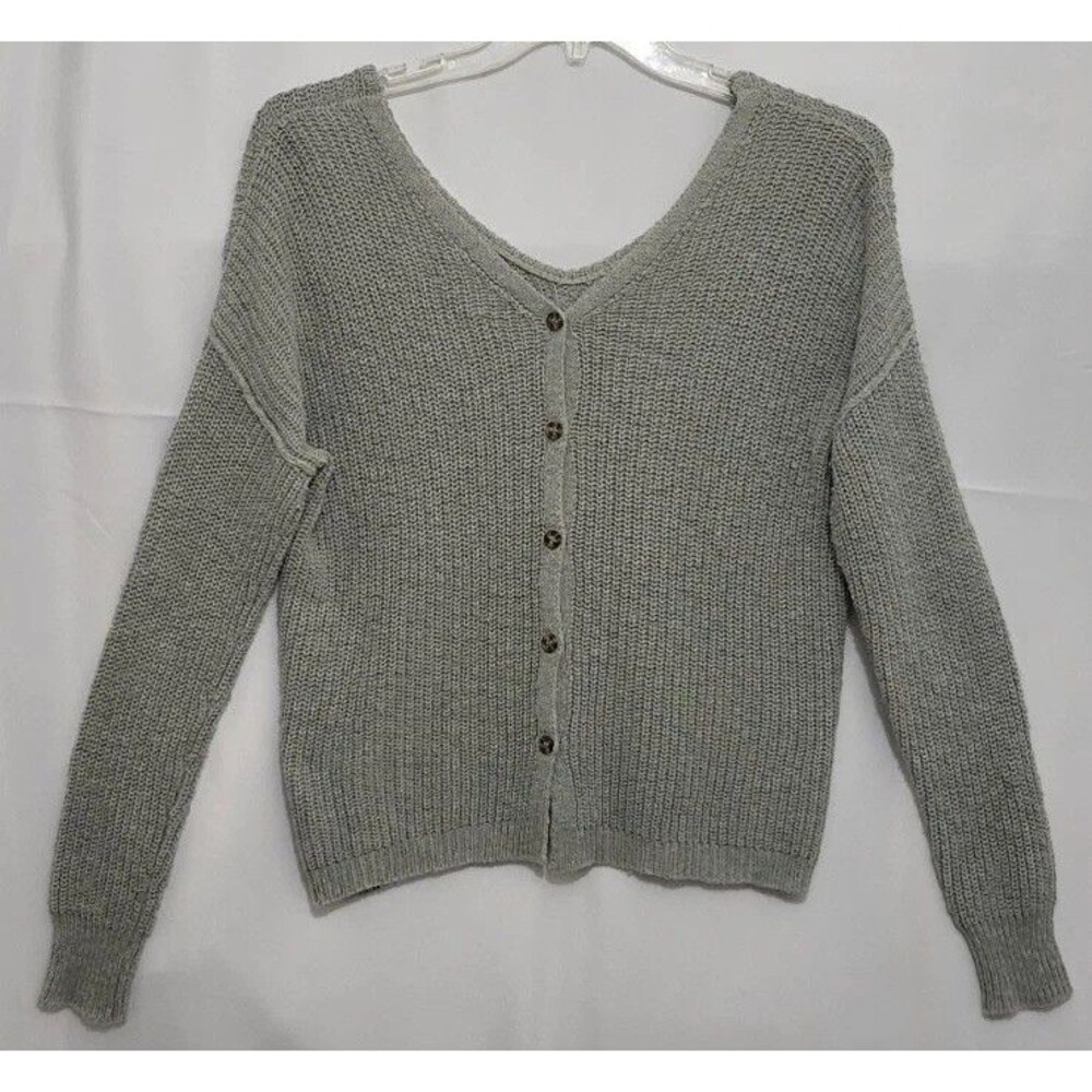 Hippie Rose M Gray Chunky Knit Button Front V Neck Cardigan Cotton Blend